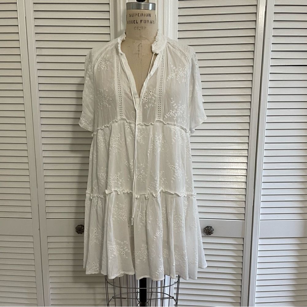 Olivaceous White Eyelet Tiered Short Dress/Tunic Sz-S